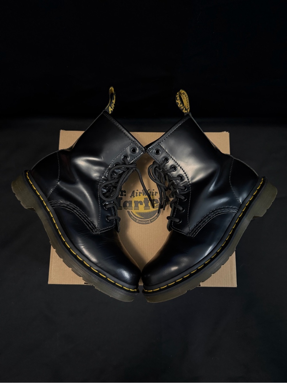 Dr. Martens Black Smooth Leather 8-Eye Lace-Up Boots with Yellow Stitching
